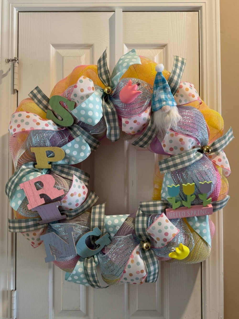 Spring Pastel Decorative Wreath with Polka Dot and Plaid Bows